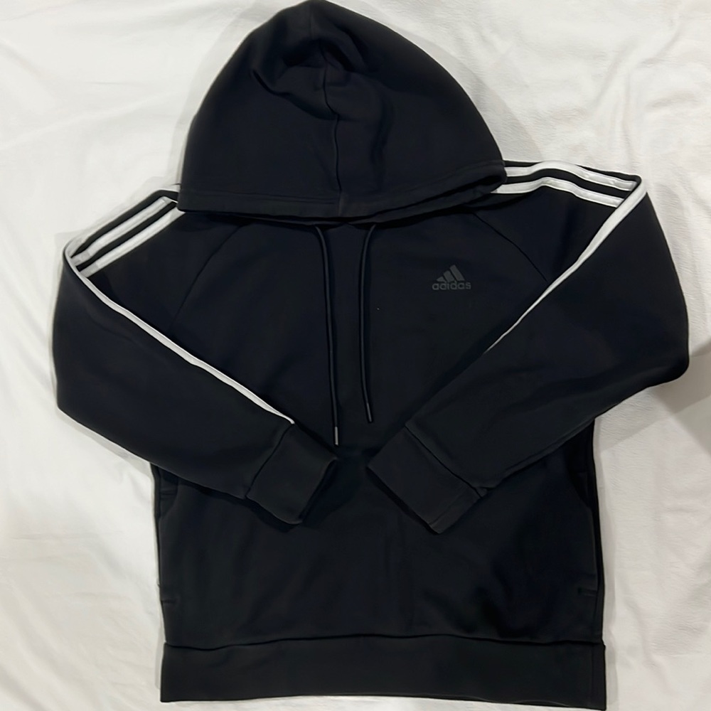 adidas black hoodie w striped sleeves